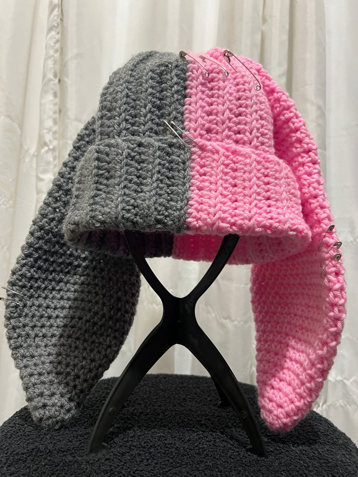 Pink and Grey Bunny Ear Beanie