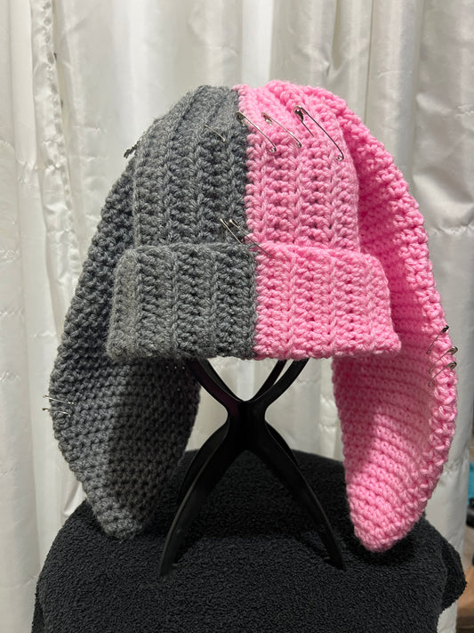 Pink and Grey Bunny Ear Beanie